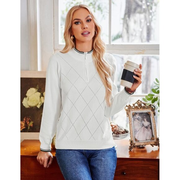 Sweaters for Women Long Sleeve Quarter Zipper Collar Polo Ribbed Knit Golf Tops - Picture 4 of 7